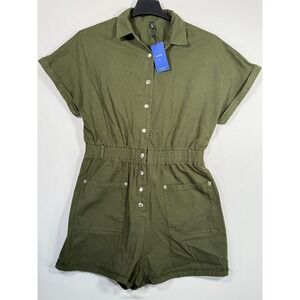 Chouyatou Women's XL Short Cuffed Sleeve Utility Romper Elastic Waist Army Green